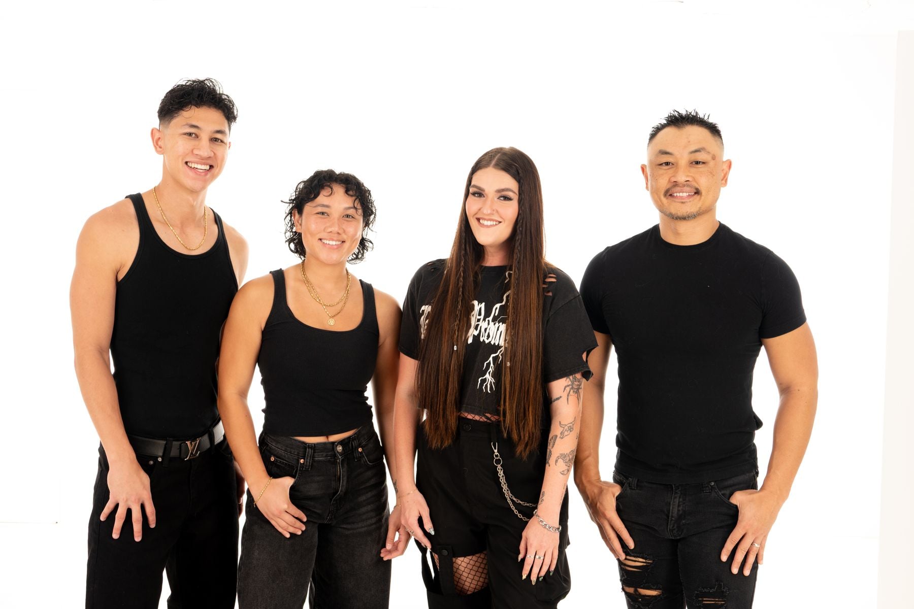 The four members of FLO-RAW together on a white studio backdrop